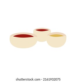 set of colored icons depicting various sauces in three plates in a vector illustration