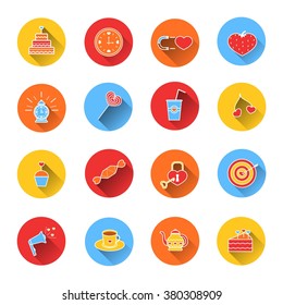 Set of colored icons dessert, candy and cake for Valentine's day. Collection of colorful vector icons in flat style. Elements of design for web design, mobile applications, romantic design products