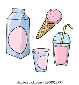 A set of colored icons, dessert with fruit sweet yogurt, ice cream, milkshake, vector illustration in cartoon style on a white background