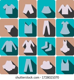 set of colored icons with different items of clothing with shadows