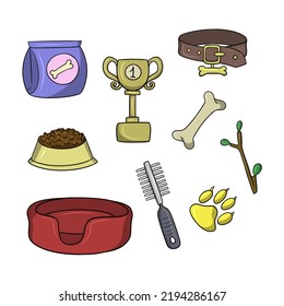 A set of colored icons, dog care accessories, pet food, toys, vector illustration in cartoon style on a white background