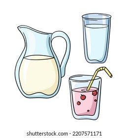 Un conjunto de iconos de colores, bebidas en vidrio, ilustración vectorial en estilo de dibujos animados sobre un fondo blanco