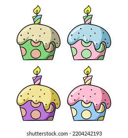 a set of colored icons, a festive muffin with a candle. Delicious cupcake with colorful sugar crumbs, vector illustration in cartoon style