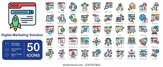 A set of colored icons with flat outlines for modern digital marketing solutions, featuring concepts of SEO optimization, social media marketing, email campaigns, online advertising, analytics, branding, e-commerce, content strategy, business growth, and digital communication.