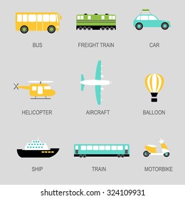 Set of colored icons in a flat style on "Transport" 