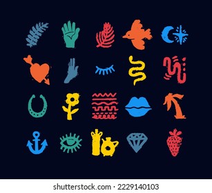 Set of colored icons. Flower, anchor, bird, snake, diamond, moon, heart, jug. Quirky abstract shapes. Hand drawn doodles. Various design elements. Contemporary trendy vector. All elements are isolated