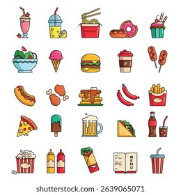 a set of colored icons of food and drinks for restaurant menus, street food, fast food. Burger, coffee, hot dog,beer, chicken, salad, food icons for apps, for the website, linear style vector icons