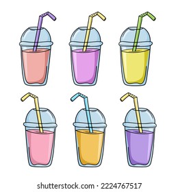 A set of colored icons, a fruit milkshake with a drinking tube in a plastic cup, a vector illustration in cartoon style on a white background