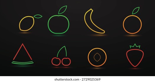 conjunto de ícones coloridos com brilho em um tema de frutas