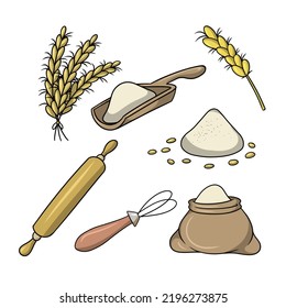 A set of colored icons, grain and its use in cooking, vector illustration in cartoon style on a white background
