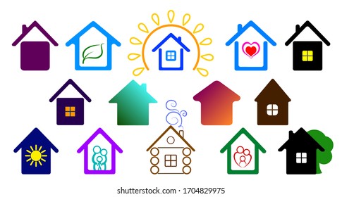Establecer iconos de color. Conjunto de ilustraciones de símbolos vectoriales de casas. Símbolo de pegatina de casa.