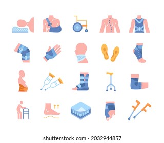 Set of colored icons with immobilization techniques. Stickers with splints, supporting tools, bandages. Design elements for applications. Cartoon flat vector collection isolated on white background svg