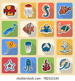 Set of colored icons, inhabitants of the underwater world. Fish, whale, jellyfish, sea horse, crab, sea turtle, star, anchor, octopus, seaweed, flying fish. Bright, colored, vector illustration.