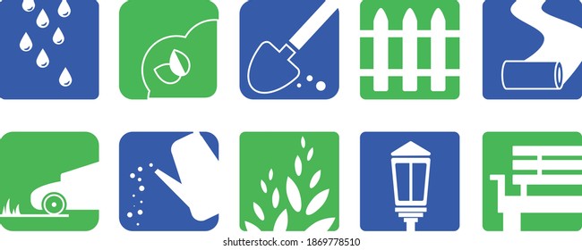 Set of colored icons for landscape design. Garden and home improvement icons. Shovel icon, pond, lawn mower, fence, water, bush, watering can