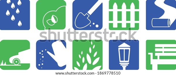 Set of colored icons for landscape design. Garden and\
home improvement icons. Shovel icon, pond, lawn mower, fence,\
water, bush, watering can