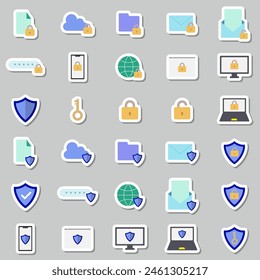 Conjunto de iconos de colores con cerraduras en el teléfono, computadora, navegador, nube y correo electrónico, estilo de pegatina. Ilustraciones basadas en el concepto de seguridad.