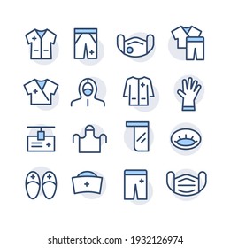 Set Of Colored Icons Of Medical Clothes For Doctors, Nurse In Hospitals, Laboratories, Emergency Room. Vector Thin Line Flat Illustration. Editable Stroke Outline For Web, UI, Stories Highlits.