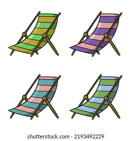 Un conjunto de iconos de colores, una tumbona de playa a rayas multicolor, una cómoda ilustración vectorial de tumbas al estilo de las caricaturas sobre un fondo blanco