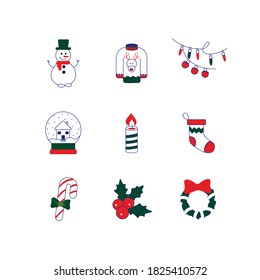 
Set of colored icons for New Year and Christmas holidays, Symbols of Christmas and New Year, Winter icons, Snowman, Candle, Holly, Sweater warm, Souvenir, gift sock, Vector icons on a white backgroun