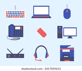 Set von farbigen Symbolen Office-Ausrüstung. Technologien. Tastatur und Maus. Notebook, Computer und Drucker. Router und Headset. USB-Flash, Telefon. Kopfhörer. Scanner. IT-Support. Wohnung. Vektorgrafik