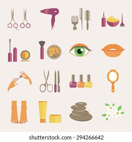 Set of colored icons on a gray background on the topic of "beauty salon". Icons Beauty Salon