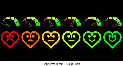Set of colored icons on the scale with an arrow and hearts in the form of smiles with emotions