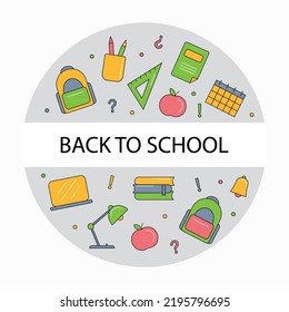 Un conjunto de iconos de color sobre el tema escolar están conectados en círculo con la inscripción de vuelta a la escuela. Logotipo preparado para la venta, venta, pegatinas para el tema del aprendizaje, el conocimiento, la papelería, el chi