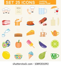 Set of colored icons on the theme of cooking. Editable Stroke. 64x64 Pixel Perfect