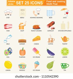 Set of colored icons on the theme of cooking. Editable Stroke. 64x64 Pixel Perfect