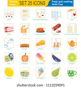 Set of colored icons on the theme of cooking. Editable Stroke. 64x64 Pixel Perfect
