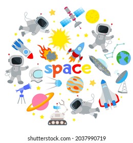 Set of colored icons on the theme of space and space travel on a white background