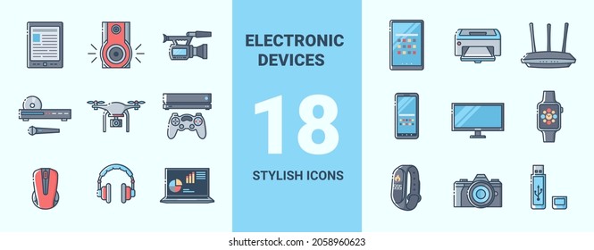 Set of colored icons on the theme of smart devices and gadgets, computer hardware and electronics. Vector stylish outline flat illustrations on light background.