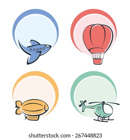 Set of colored icons on a theme aircraft. Aviation icon set. Plane, helicopter, airship, balloon icons vector set. 