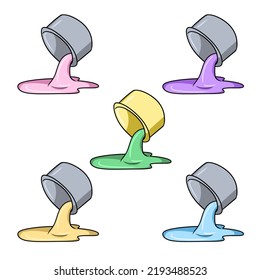 A set of colored icons, paint pouring from a jar, cartoon vector illustration on a white background