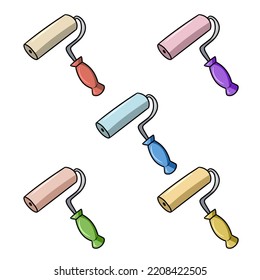 Un conjunto de iconos de color, un rodillo de pintura con un mango diferente, una ilustración vectorial de dibujos animados sobre un fondo blanco