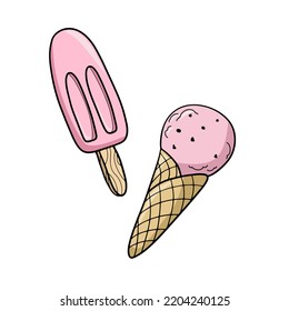 Set of colored icons, Pink fruit cold ice cream in a waffle cone, ice cream on a stick, vector illustration in cartoon style on a white background