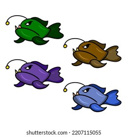 Set of colored icons, Predatory deep-sea angry fish with sharp teeth, vector cartoon illustration on a white background