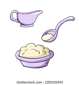 A set of colored icons, a purple ceramic plate with cottage cheese, a spoon with sour cream, a vector illustration in cartoon style on a white background