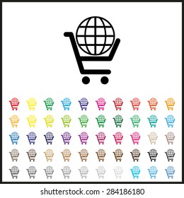 Set of colored icons. put in shopping cart, Globe. icon. vector design
