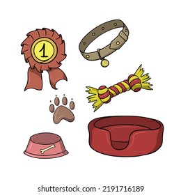 Un conjunto de iconos de color, accesorios rojos para perros, ilustración vectorial en estilo de dibujos animados sobre fondo blanco