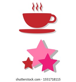 Set of colored icons with red coffee mug and stars with shadow