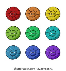A set of colored icons, a round decorative button for clothes, vector illustration in cartoon style on a white background
