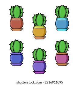 Set of colored icons, round green cacti in different ceramic pots, vector illustration in cartoon style