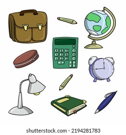 Un conjunto de íconos de colores, artículos escolares y accesorios, un maletín de cuero, una lámpara de mesa, bolígrafos y lápices, una ilustración vectorial en estilo de dibujos animados sobre un fondo blanco