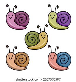 Un conjunto de iconos de color, un pequeño caricatura caracol brillante con una concha redonda, un personaje, ilustración vectorial sobre un fondo blanco