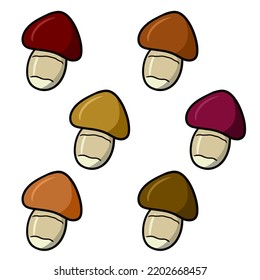 A set of colored icons, a small mushroom with a red and brown hat, a vector illustration in cartoon style on a white background