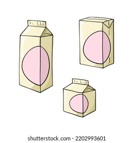 A set of colored icons, a square package of milk, kefir, a space for copying, a vector in cartoon style on a white background