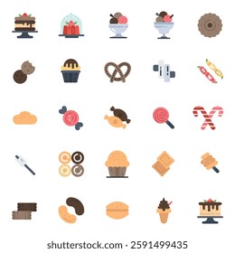 Set of colored icons of sweets and candies. Ice cream, cookies, cake, biscuit, candies, cupcake, pie, lollipop. Vector illustration