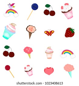 A set of colored icons with sweets, a rainbow, a pretty unicorn, a butterfly.