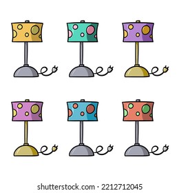 A set of colored icons, a table lamp with a lampshade with circles in cartoon style, vector illustration on a white background